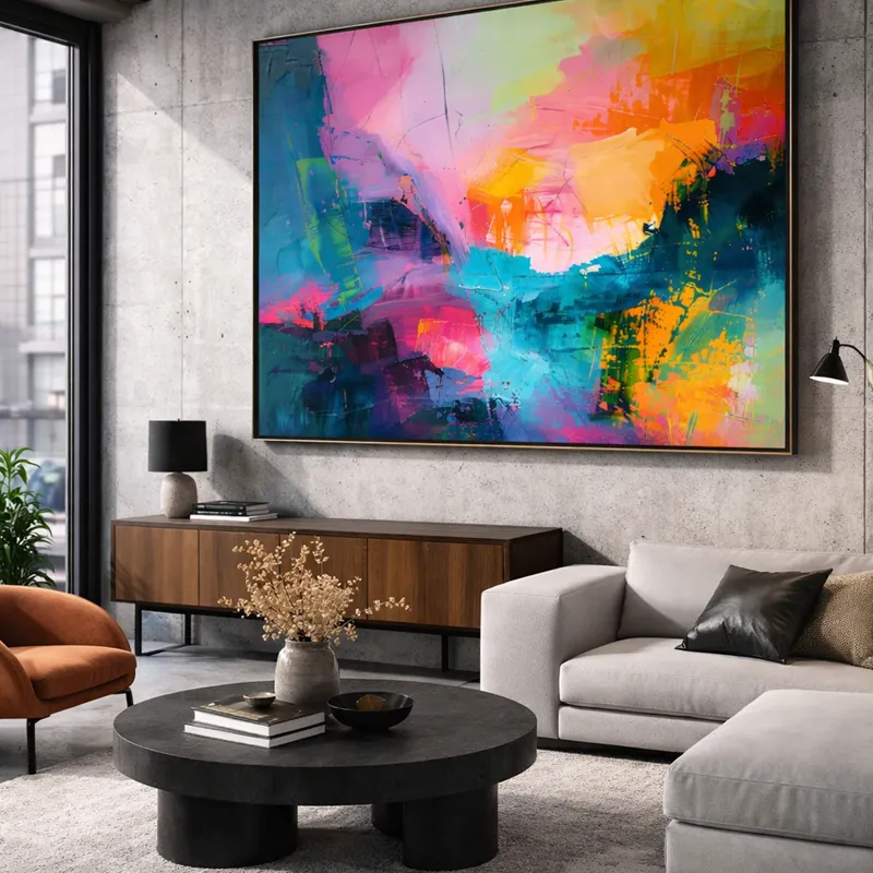 Stort  abstrakt maleri i sterke farger som henger på veff i et ellers fargeløst interiør