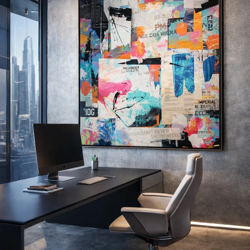 Moderne kontor med abstrakt fargerik kunst på veggen