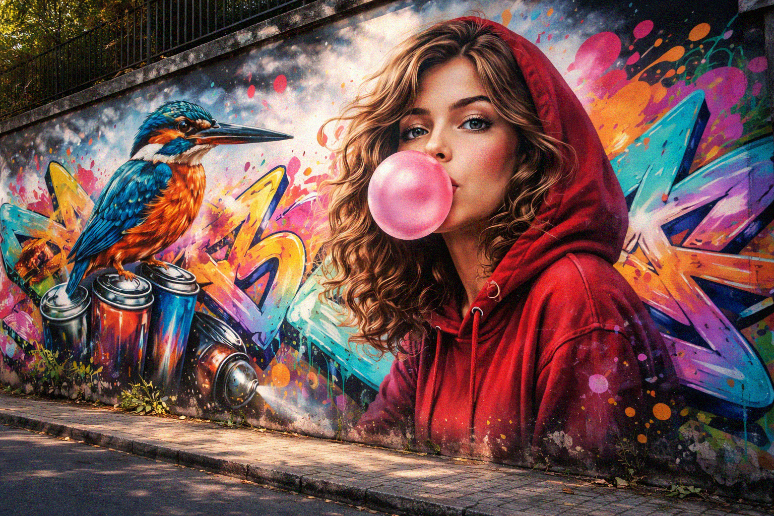 Jente i fargerik hoodie blåse tyggegummi på en fargerrik sprayet betongvegg. Et typisk street art bilde laget med frihånd