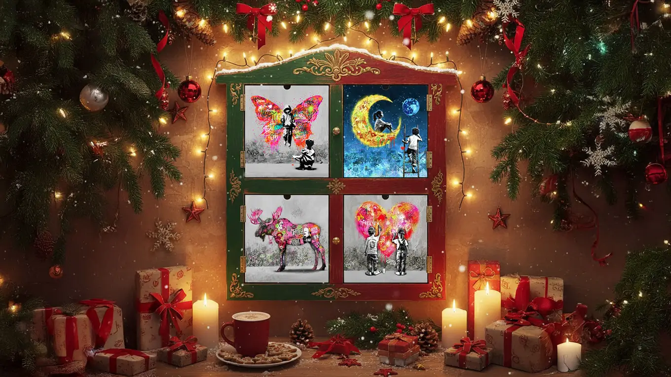 Illustrasjonsbilde for gavekort. To av Rino Larsens bilder henger på en hvit vegg. Bildet har en rød sløyfe i hjørnet.