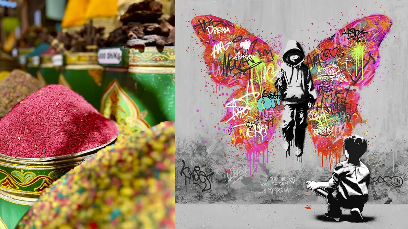 Toppbilde som er satt sammen av to bilder: Til venstre fargerike krydder på et marked i Marrakech. Til høyre: Bildet Dream, motivet er to gutter i svart-hvitt, den ene gutten svever med store fargerike sommerfuglvinger bygget opp av graffiti, den andre sitter foran. Begge har spraybokser i hendene. 