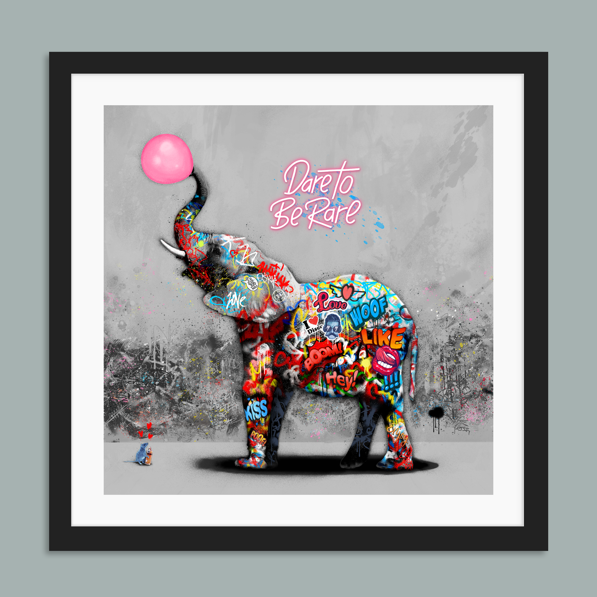 Grafisk trykk av Rino Larsen. Dare, elefant som blåser rosa tyggegummi