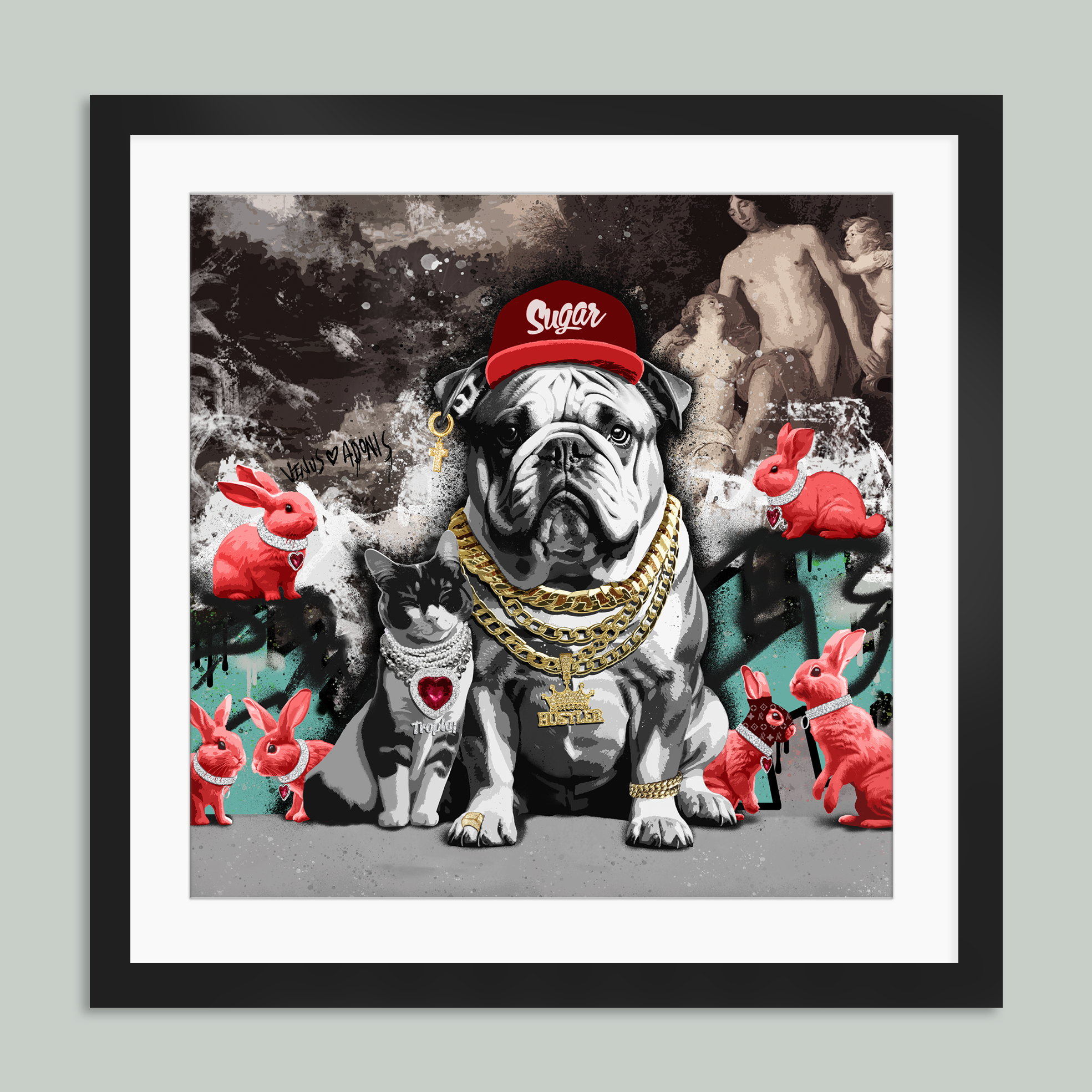 Dog Digger, grafikk av Rino Larsen Grafisk trykk av Rino Larsen. Bulldogg, katt og rosa kaniner