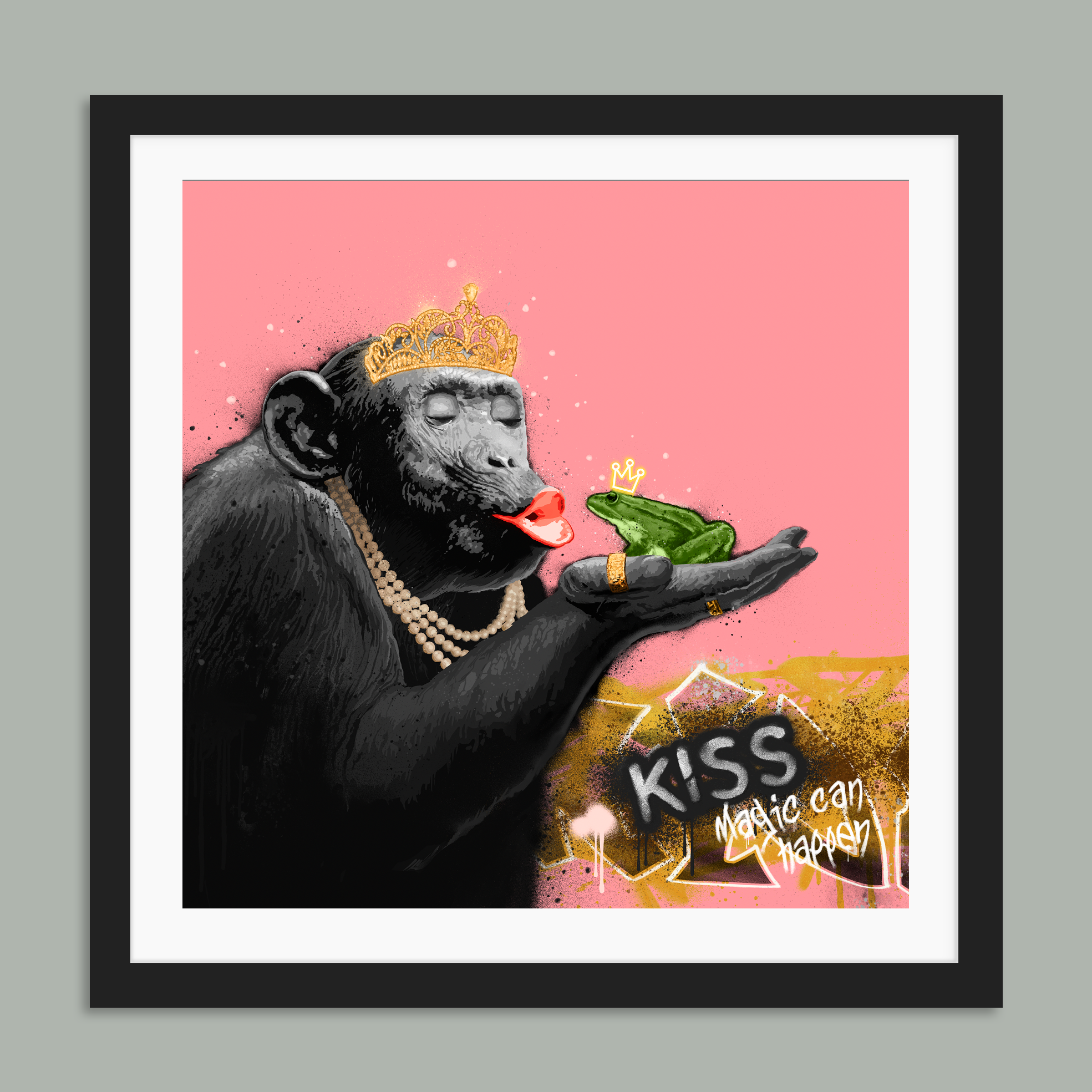 Kiss, grafisk trykk Grafisk trykk laget av Rino Larsen. Ape kysser en frosk