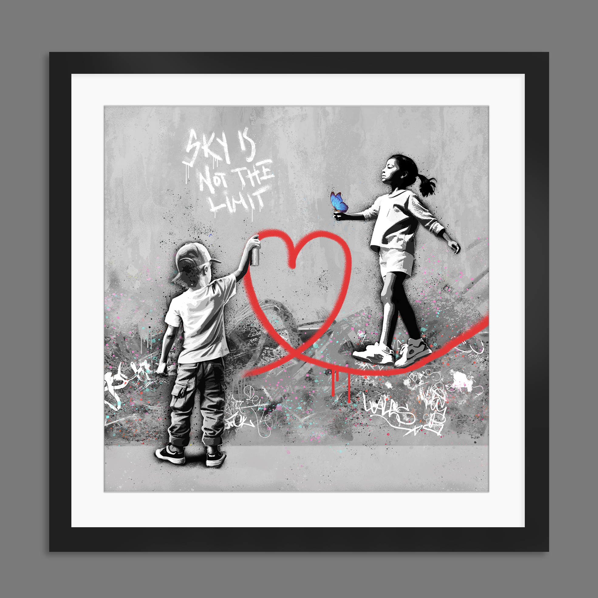 Sky av Rino Larsen Grafikk. Jente balanserer på hjerte