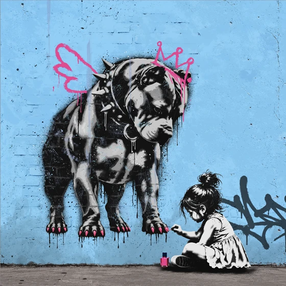 Pop art kunst Rino Larsen . Princess. Hund sprayet som stencil art